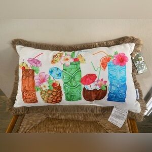 Tommy Bahama Colorful Tiki cocktails Themed Throw Pillow with fringed edges NEW